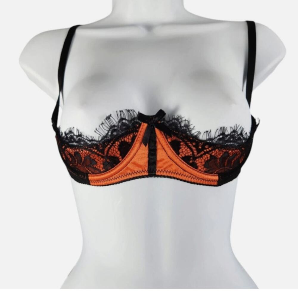 Fredericks of Hollywood Black Orange Lux Lace Open Cup Shelf Underwire Bra 14